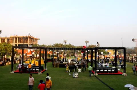 Image of wedding stage getting ready before event Stock Photos