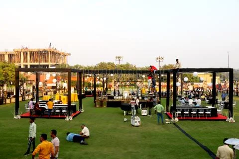 Image of wedding stage getting ready before event Stock Photos