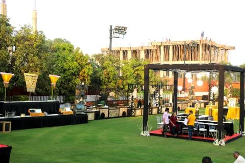 Image of wedding stage getting ready before event Stock Photos