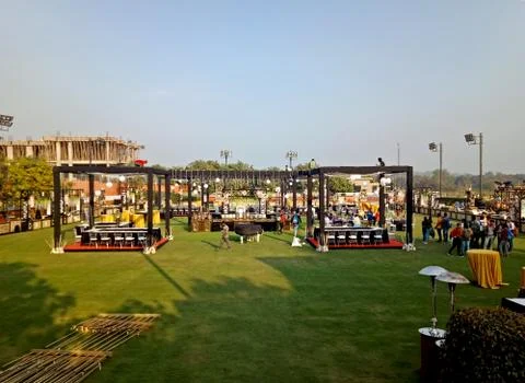 Image of wedding stage getting ready before even Stock Photos