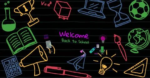 Image of welcome back to school and school icons over black background Stock Photos