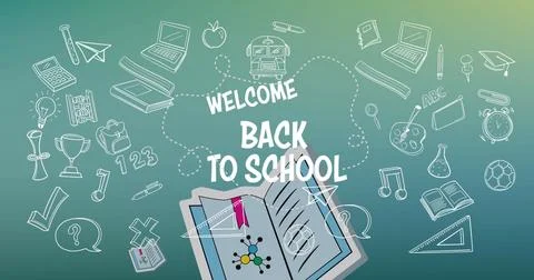 Image of welcome back to school text over school items icons on green background Illustrazione stock