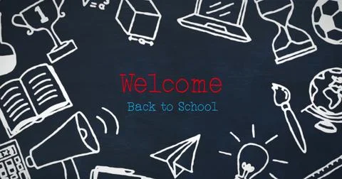 Image of welcome back to school text and school icons over black background 写真素材