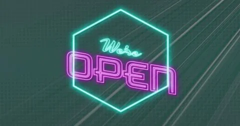 Image of we're open neon text over neon pattern on green background Stock Illustration