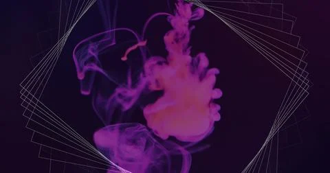 Image of white 3d network structure over purple smoke moving on black background Stock Illustration