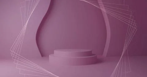 Image of white 3d network structure over pink circular podium and background Illustrazione stock