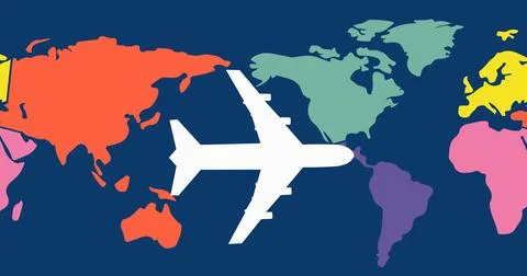 Image of white airplane flying over multi coloured world map on dark blue Ilustração Stock