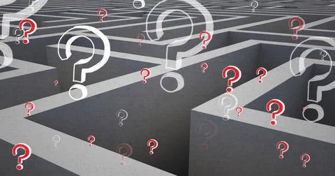 Image of white and red question marks moving over grey maze Stock Photos