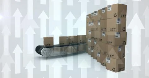 Image of white arrows over stacked cardboard boxes and on conveyor belt on white Stockillustratie