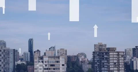 Image of white arrows pointing up over cityscape background Stock Photos