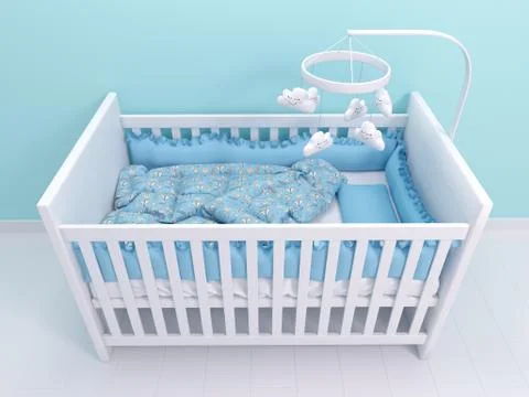 Image of white baby cot with decor Stock Illustration