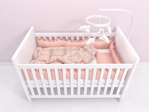 Image of white baby cot with decor Stock Illustration