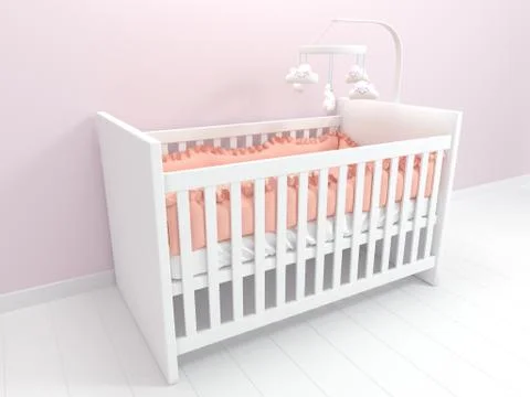 Image of white baby cot with decor Stock Illustration