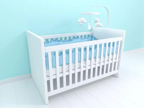 Image of white baby cot with decor Stock Illustration