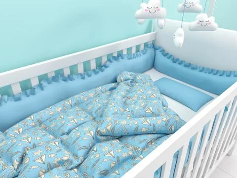 Image of white baby cot with decor Stock Illustration