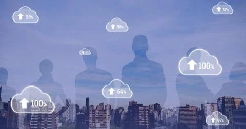 Image of white clouds with arrows and percent growing over cityscape background Stock Photos