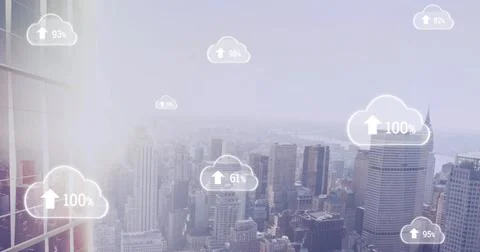 Image of white clouds with arrows and percent growing over cityscape background Stock Photos
