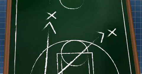 Image of white colored arrows and symbols on sports court over grid pattern on Illustrazione stock