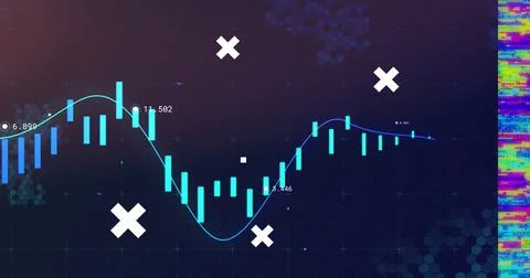 Image of white crosses over data processing, multi coloured screen and moving Stock Illustration