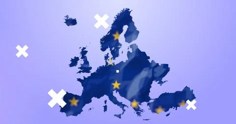 Image of white crosses over eu flag over uk, pixel red hearts, and gold spots of Stock Illustration