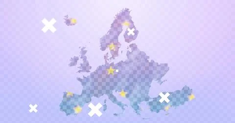 Image of white crosses over eu flag over uk, pixel red hearts, and gold spots of Stock Illustration