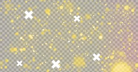 Image of white crosses over eu flag over uk, pixel red hearts, and gold spots of Ilustração Stock