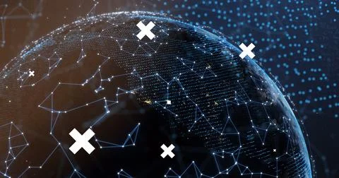 Image of white crosses over global network, digital head interface, and green Stock Illustration