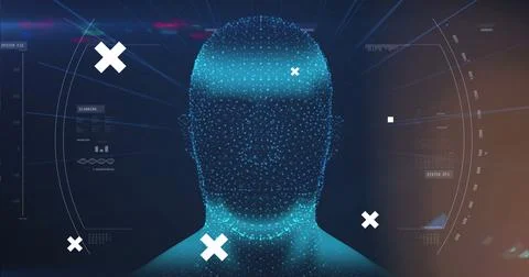 Image of white crosses over global network, digital head interface, and green 스톡 일러스트