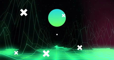 Image of white crosses over global network, digital head interface, and green Stock Illustration