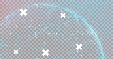 Image of white crosses over global network, digital head interface, and green 库存插图