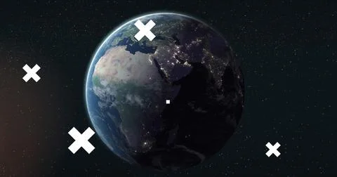 Image of white crosses over globe, data processing with padlock, and network Stock Illustration