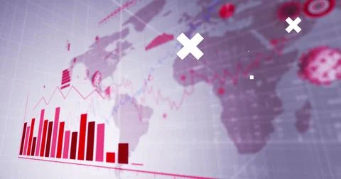 Image of white crosses over red grid, data processing on graph over globe, and Stock Illustration