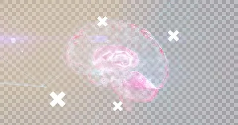 Image of white crosses over rotating brain with data, drawing of face, and Ilustración de archivo