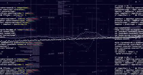 Image of white data stream, with numeric and text data processing over grid on Foto stock