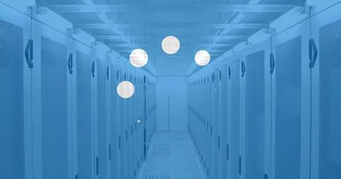 Image of white dots over server room Stock Photos