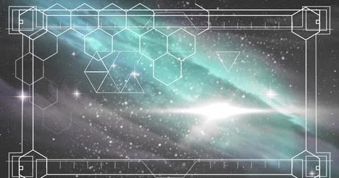 Image of white frame with markers and hexagons over glowing stars on night sky Stockillustratie