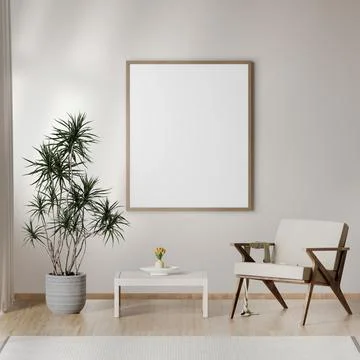 A image of a white frame portrait on a wall in a living room background Stock Photos