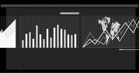 Image of white graphs and charts processing data on black background イラスト素材