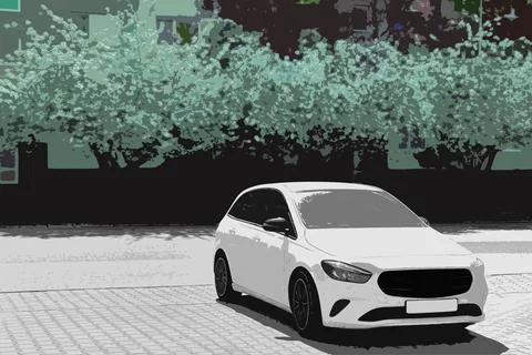 An image of a white hatchback on a green background. Stock Illustration