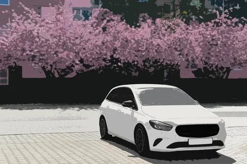 An image of a white hatchback on a purple background. Stock Illustration