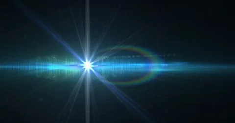 Image of white light with beam and curved prismatic lens flare on black 库存插图