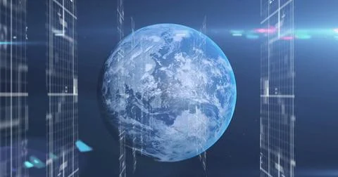 Image of white light trails on screens over earth in universe on blue background Stock Illustration