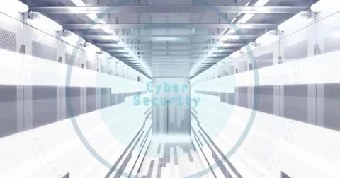 Image of white lines and digital cloud over server room Stock Photos