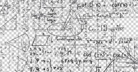 Image of white mathematical equations and geometric drawings on blackboard 스톡 일러스트