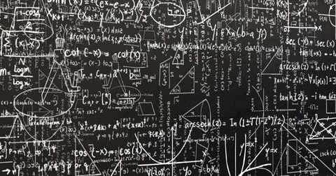 Image of white mathematical formulae and geometric drawings on blackboard 스톡 일러스트