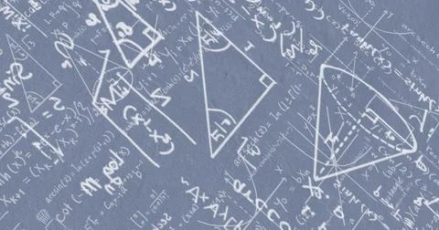 Image of white mathematical formulae and geometric drawings on grey 스톡 일러스트