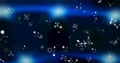 Image of white molecules floating on blue glowing background Stock Illustration
