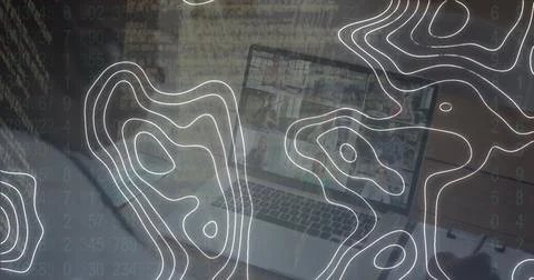Image of white moving lines over person using laptop Stock-Fotos