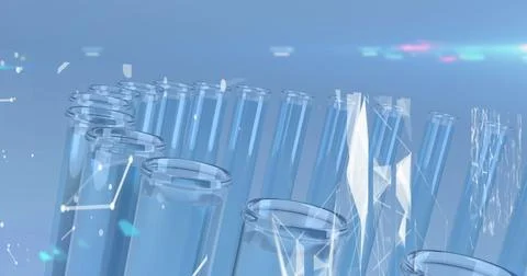 Image of white networks of connections floating against laboratory test tubes Stock Photos