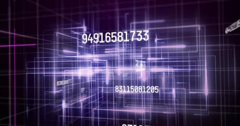 Image of white numbers changing and data processing over glowing purple grid on 스톡 일러스트